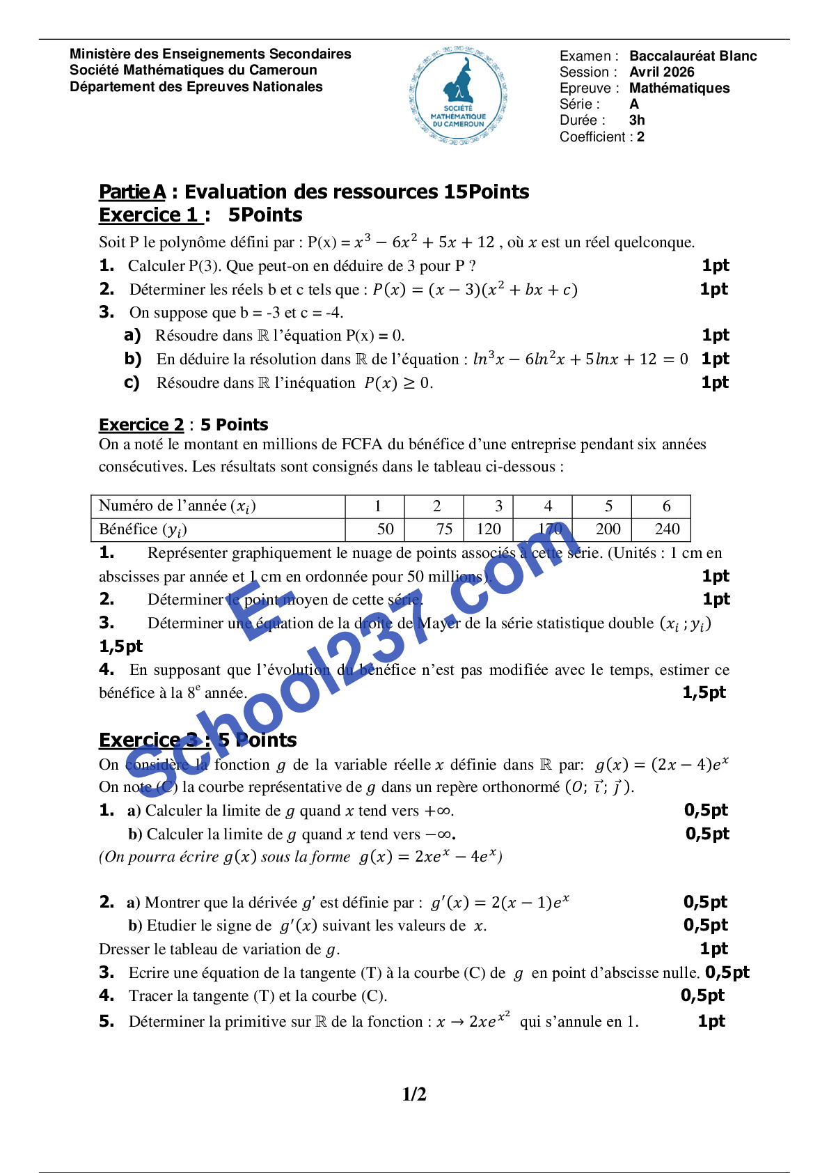 Baccalauréat A 2026 Sté Mathématique